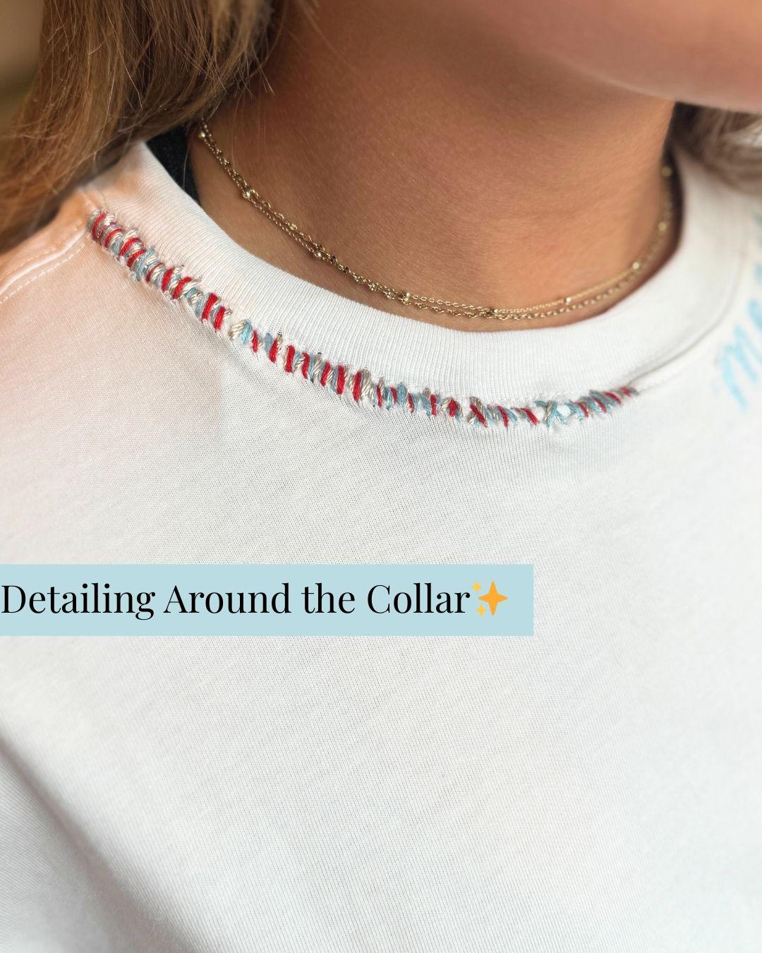 USA Patriotic Embroidered Tee | Merica Neckline | Red, White & Blue Stitching | Memorial Day 4th of July Summer Labor Day | America Shirt