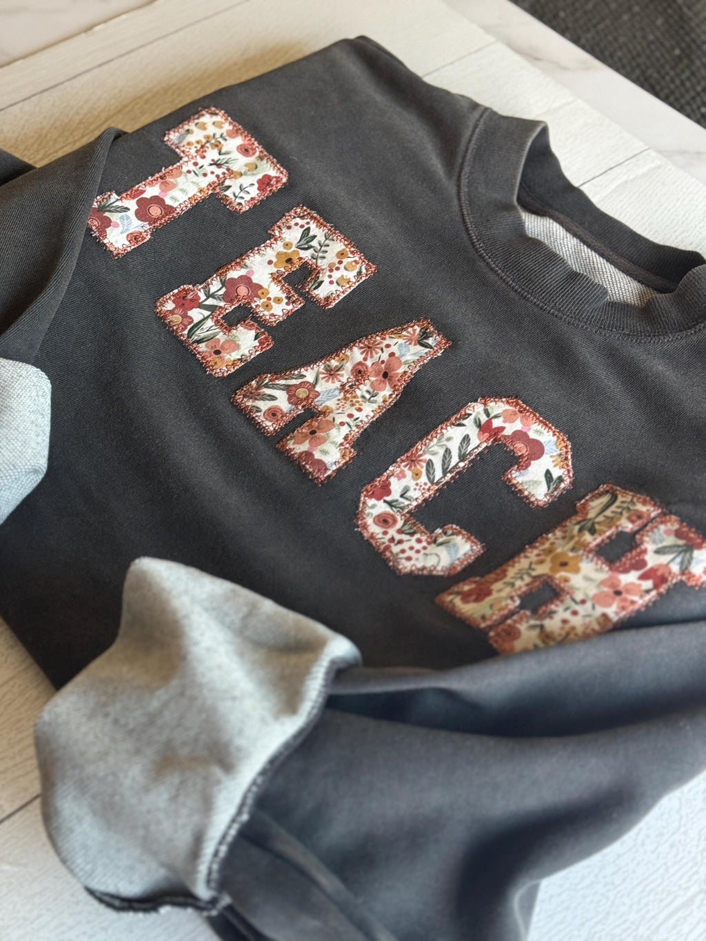 Cozy Floral TEACH Sweatshirt - Cute Teacher Sweatshirt - Embroidered Teacher Gift - Comfy Teacher Apparel - Aesthetic Teacher Clothing