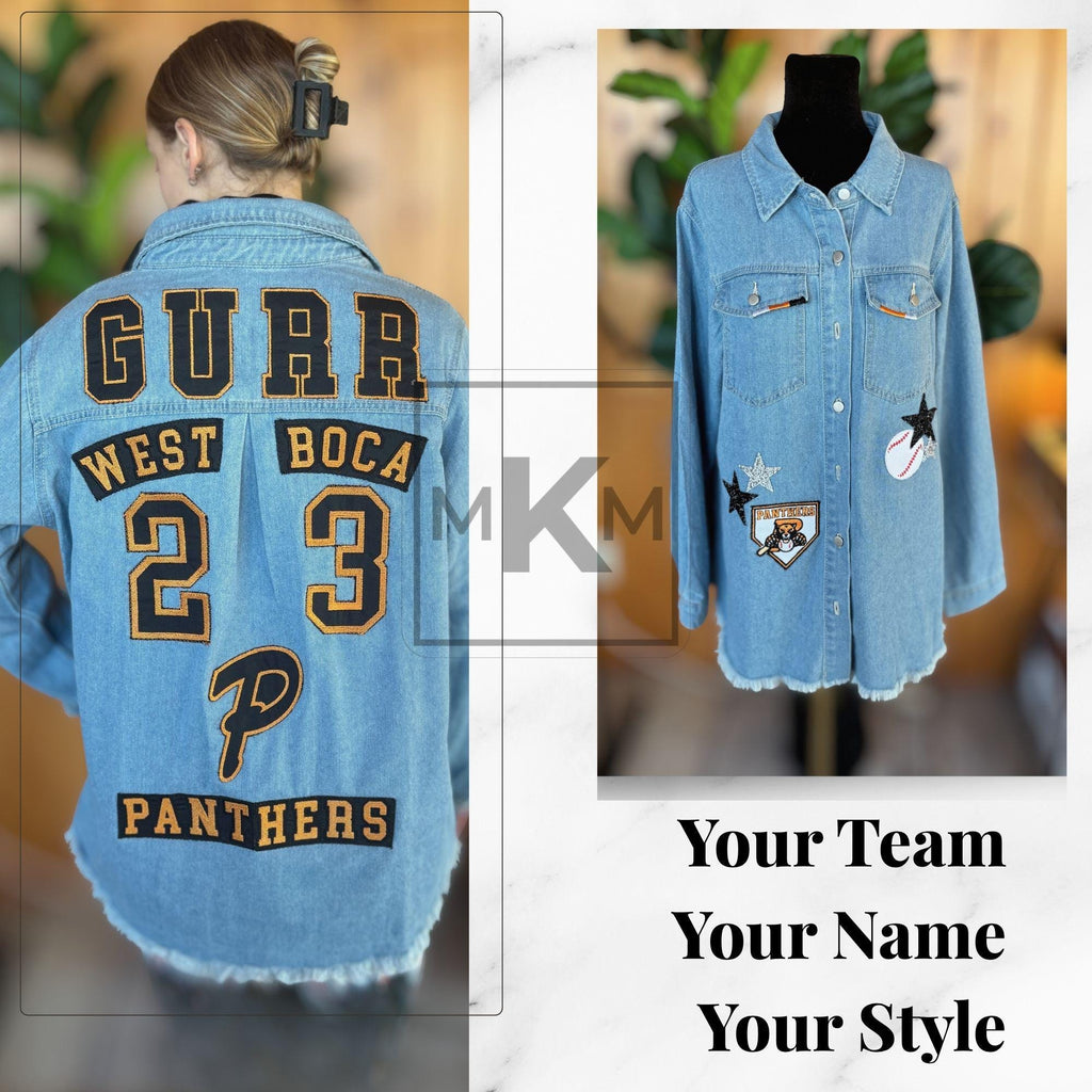 Custom Team Spirit Jean Jacket | Repurposed Jersey Denim | Personalized Patch Jacket | Embroidered Name Mascot Sewn On | Game Day Sports Mom