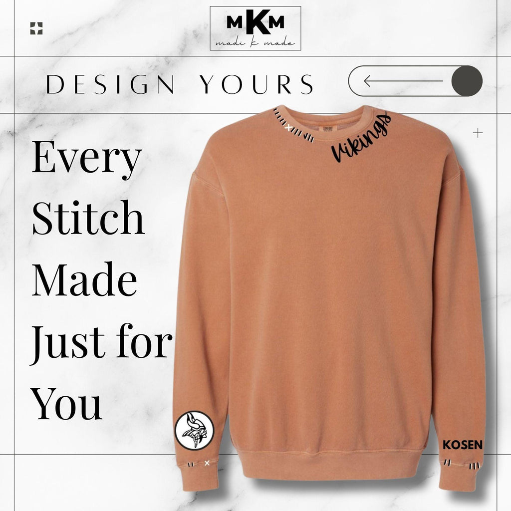 Custom School Spirit Trendy Sweatshirt – Personalized Game Day Crewneck, Distressed Look, Custom Colors, Mascot Text on Collar, Unisex Fit