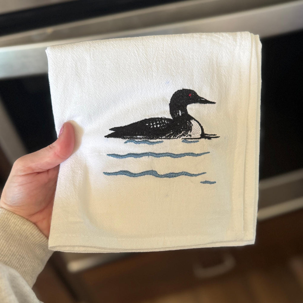 Rustic Loon Flour Sack Towel | Embroidered Cotton Kitchen Towel | 30x30 Bird Tea Towel | Cabin Decor | Lake House Gift | Handmade Dish Towel