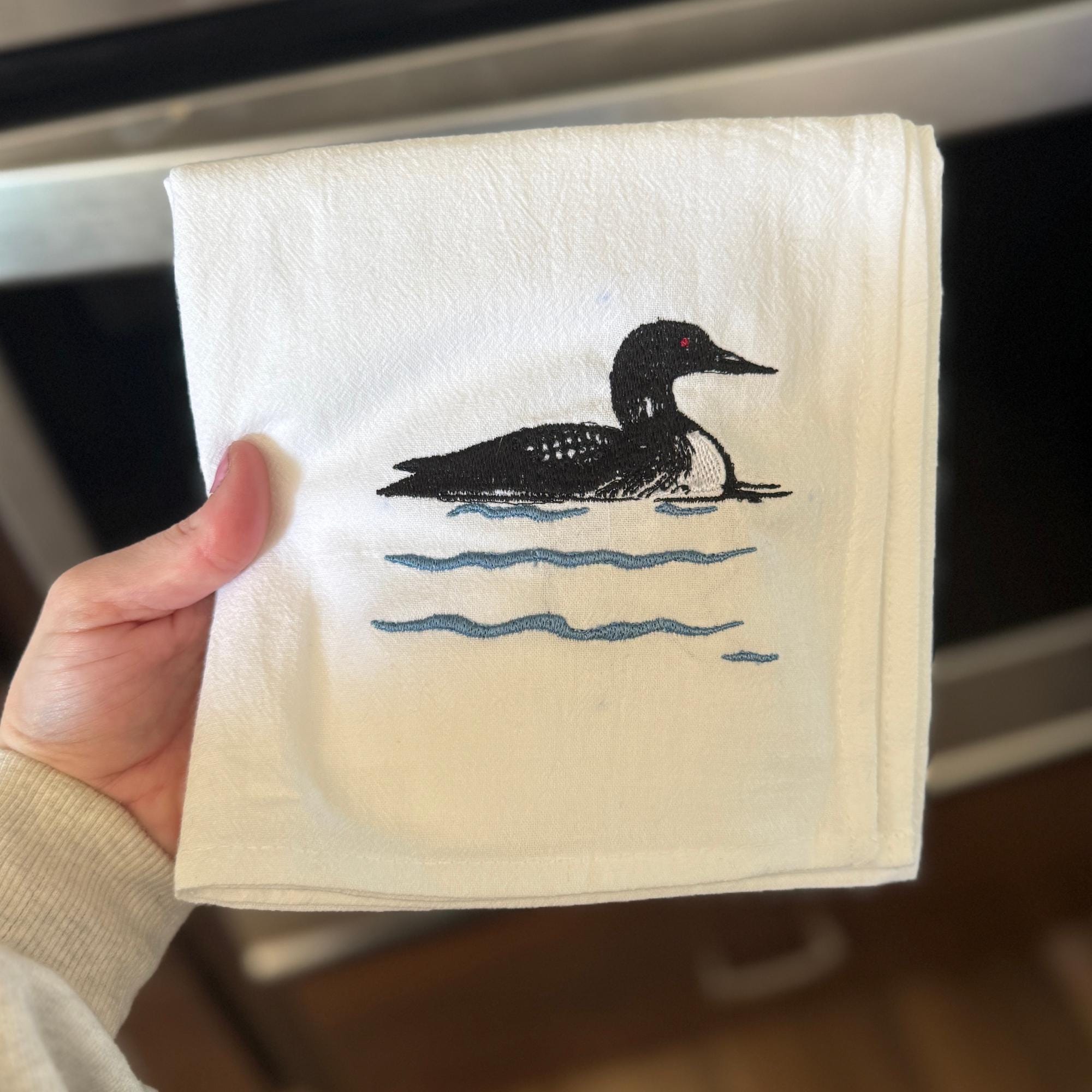 Rustic Loon Flour Sack Towel | Embroidered Cotton Kitchen Towel | 30x30 Bird Tea Towel | Cabin Decor | Lake House Gift | Handmade Dish Towel