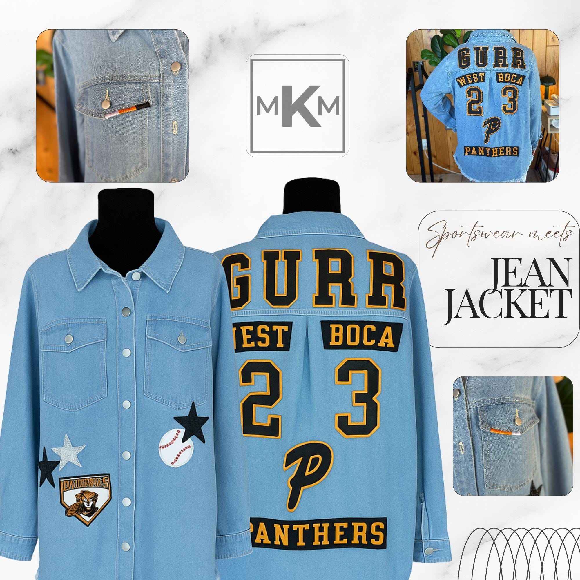 Custom Team Spirit Jean Jacket | Repurposed Jersey Denim | Personalized Patch Jacket | Embroidered Name Mascot Sewn On | Game Day Sports Mom