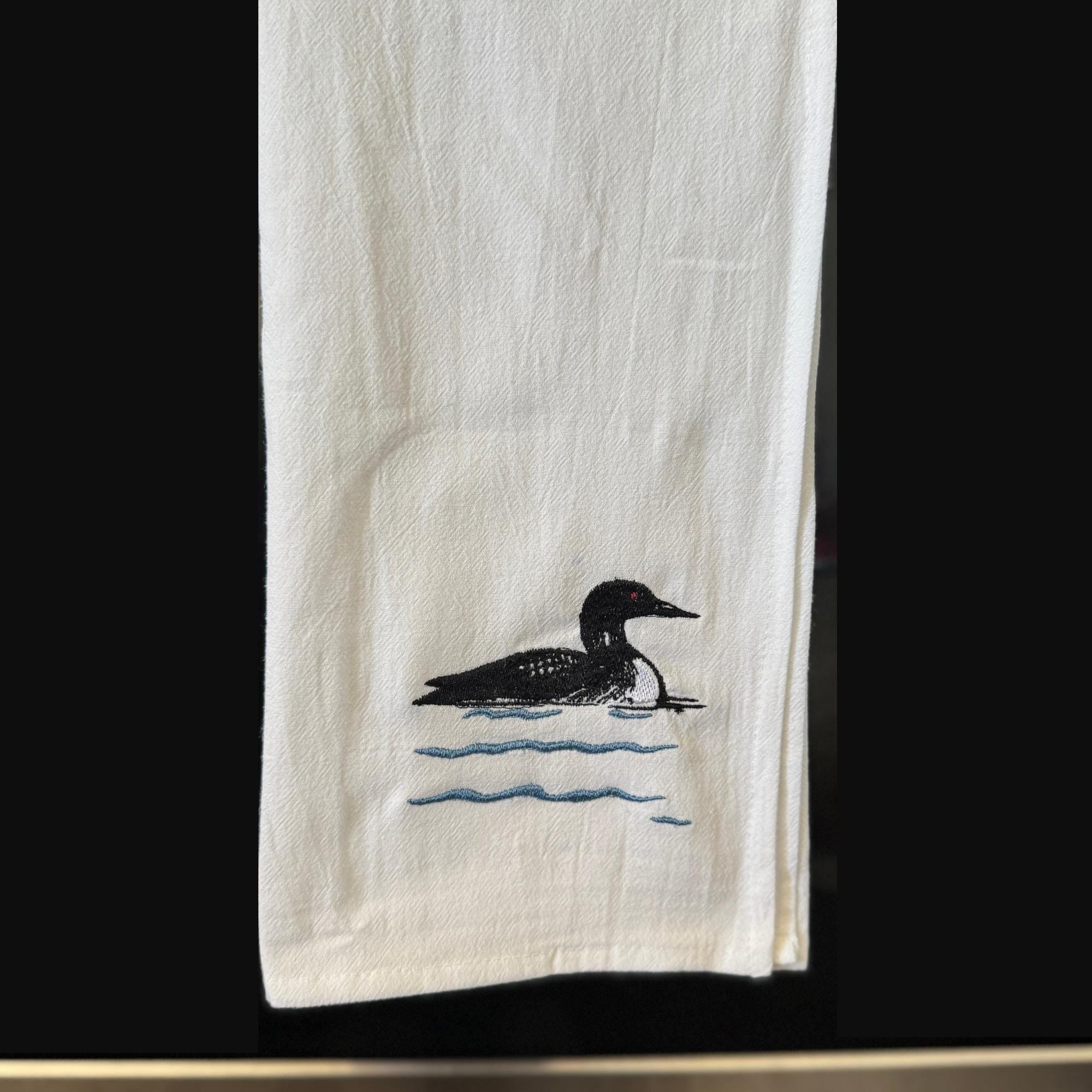 Rustic Loon Flour Sack Towel | Embroidered Cotton Kitchen Towel | 30x30 Bird Tea Towel | Cabin Decor | Lake House Gift | Handmade Dish Towel