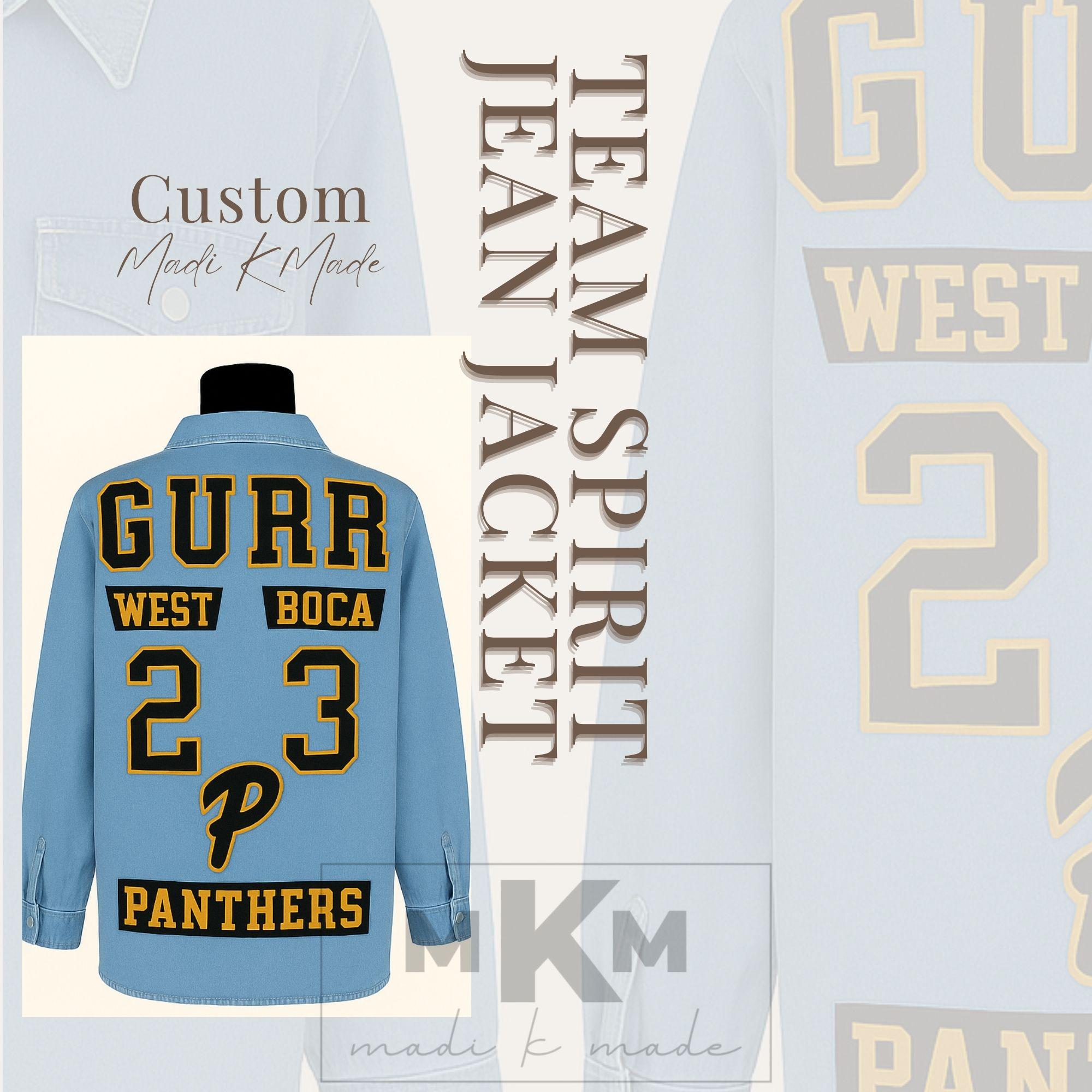 Custom Team Spirit Jean Jacket | Repurposed Jersey Denim | Personalized Patch Jacket | Embroidered Name Mascot Sewn On | Game Day Sports Mom