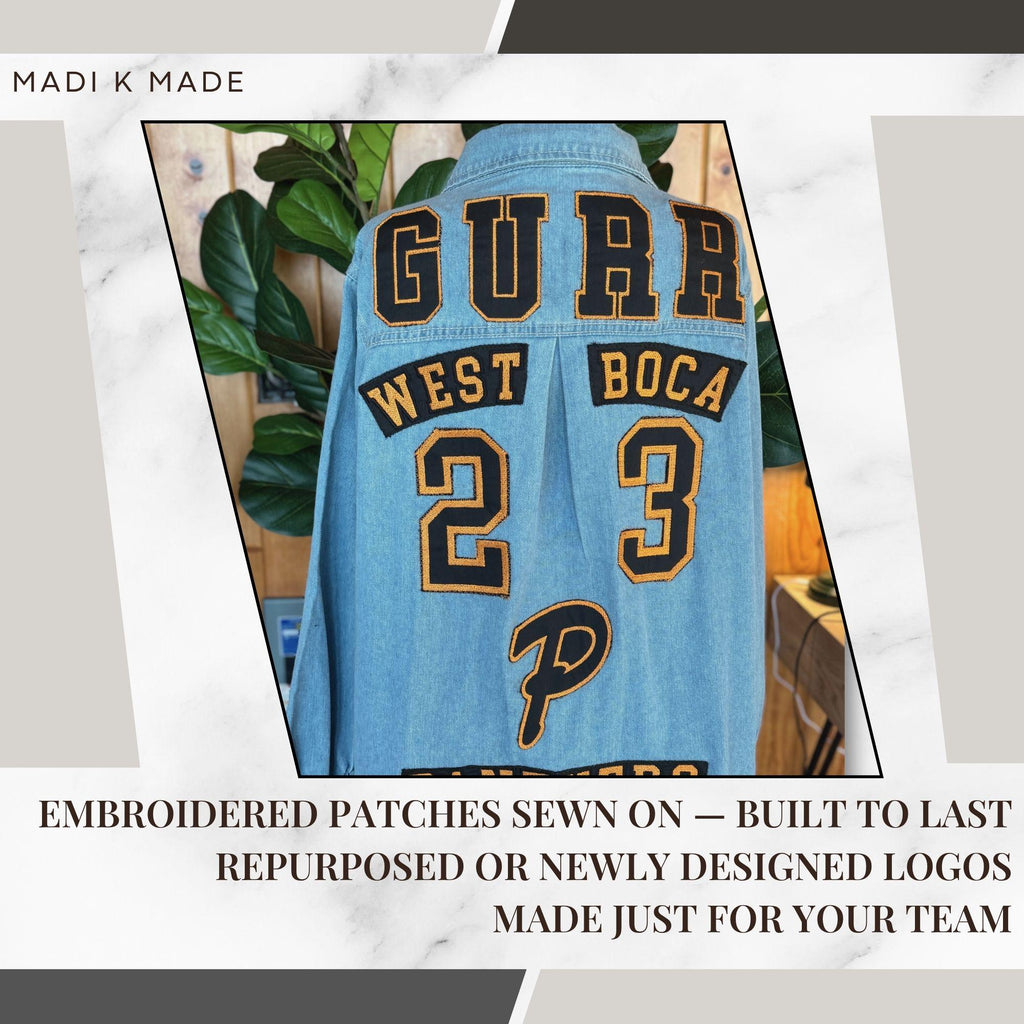 Custom Team Spirit Jean Jacket | Repurposed Jersey Denim | Personalized Patch Jacket | Embroidered Name Mascot Sewn On | Game Day Sports Mom
