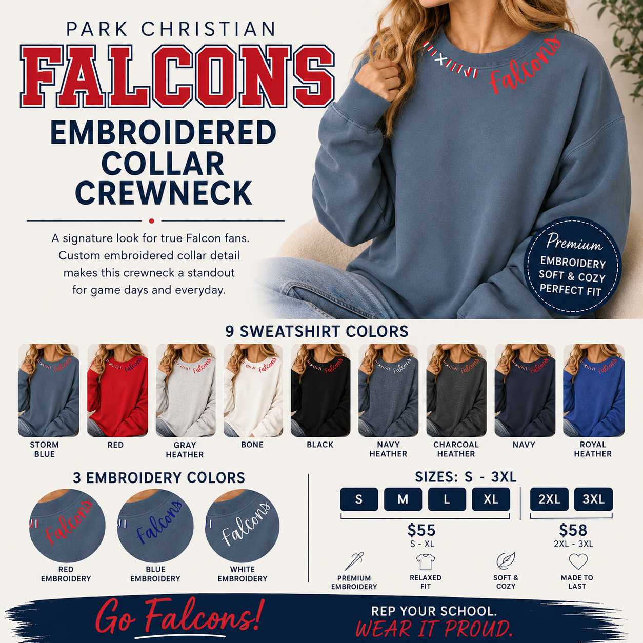 Park Christian Falcons Embroidered Collar Crewneck