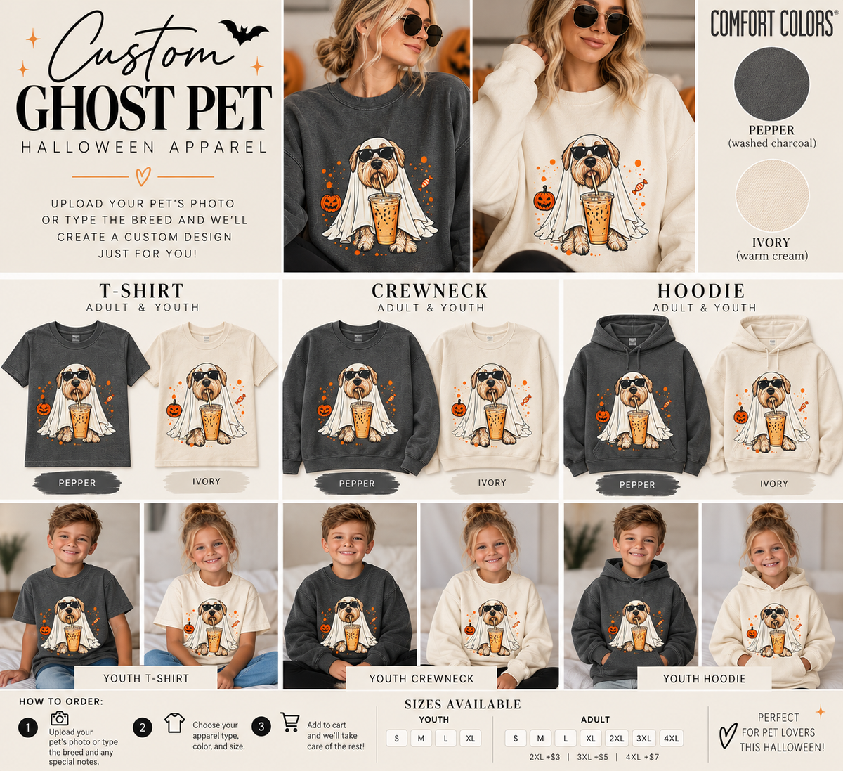 Ghost Pet apparel mockup collection: Pepper and Ivory youth and adult shirts, crewnecks, hoodies