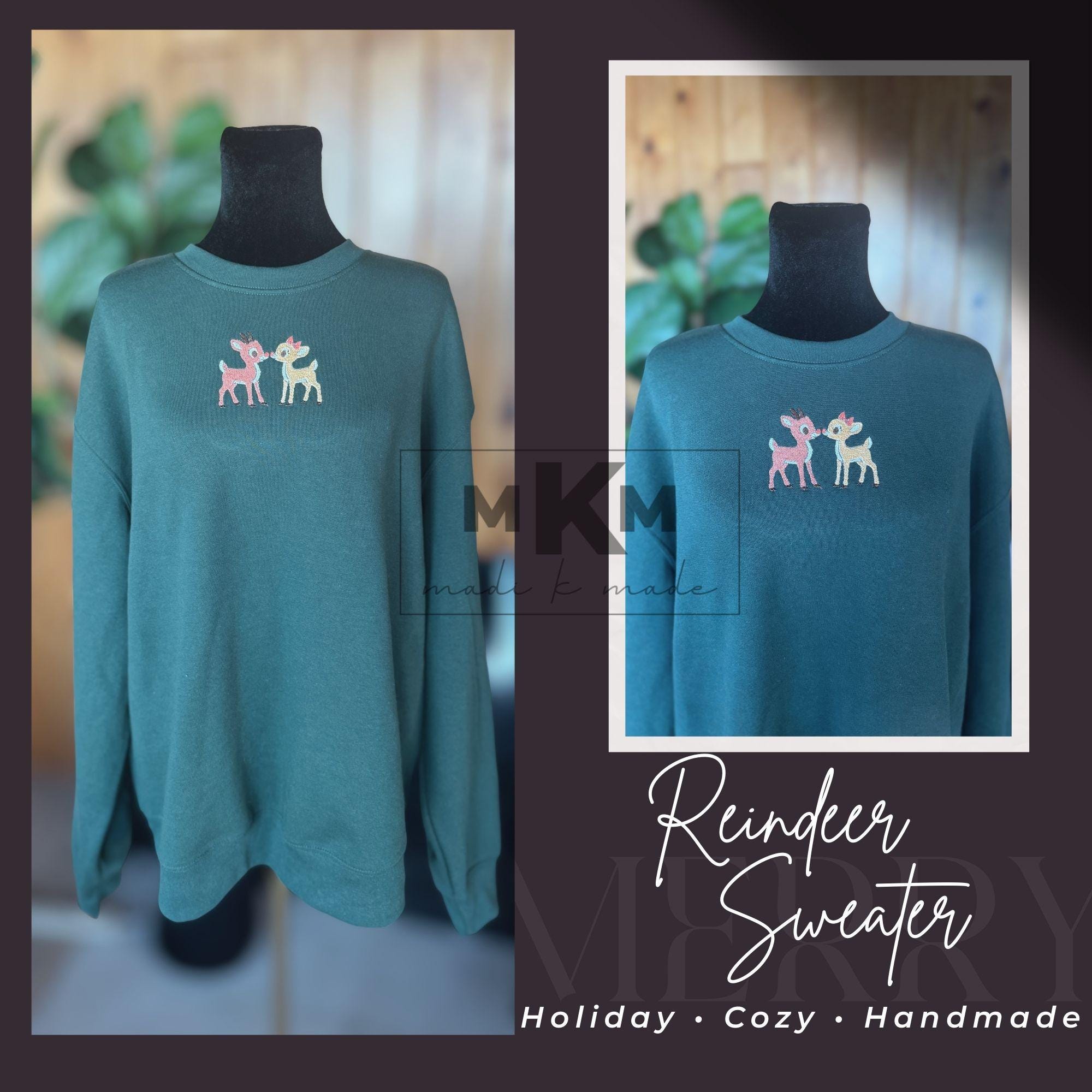 Embroidered Reindeer Crewneck • Christmas Reindeer Sweatshirt • Holiday Embroidered Top • Winter Theme Unisex Crewneck