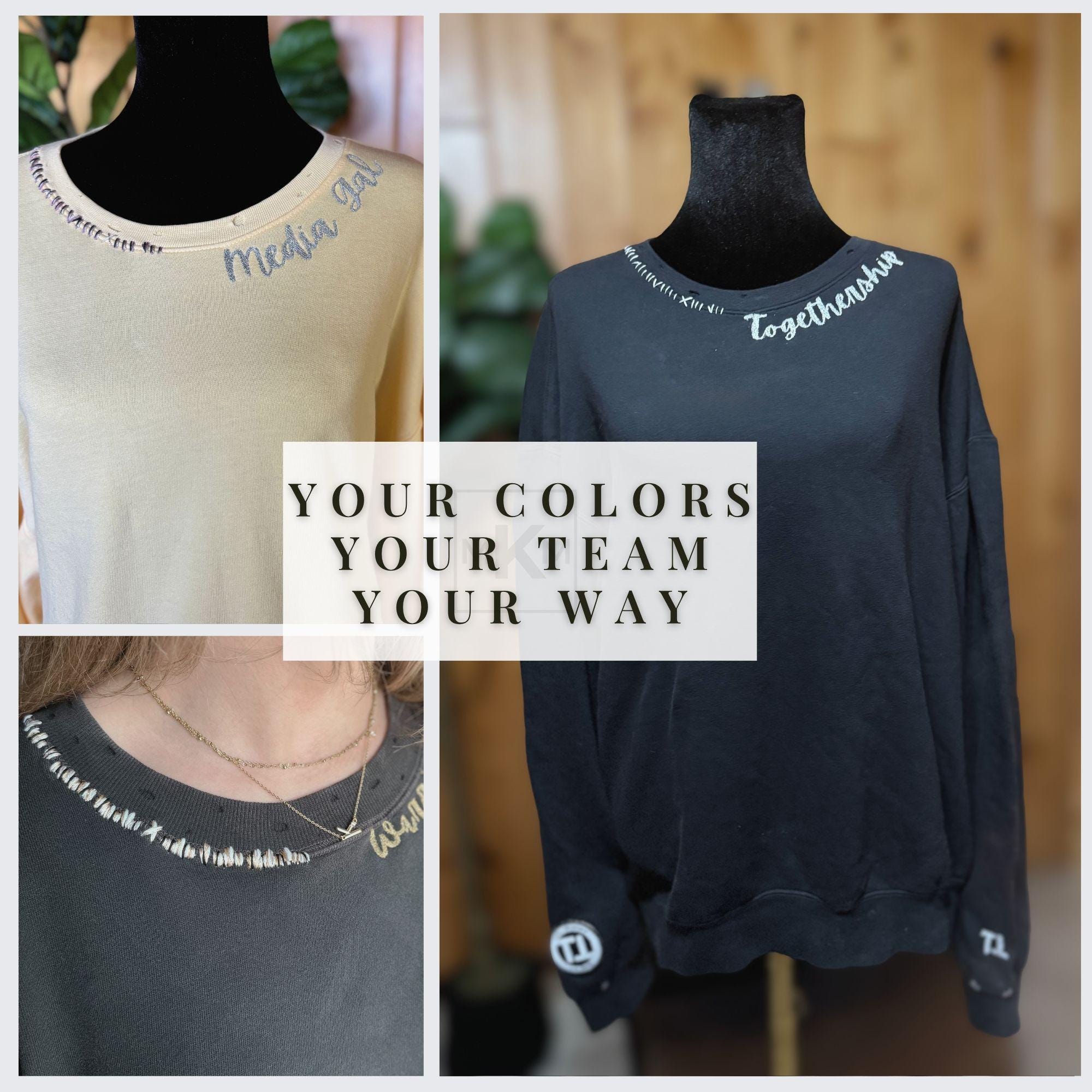 Custom School Spirit Trendy Sweatshirt – Personalized Game Day Crewneck, Distressed Look, Custom Colors, Mascot Text on Collar, Unisex Fit