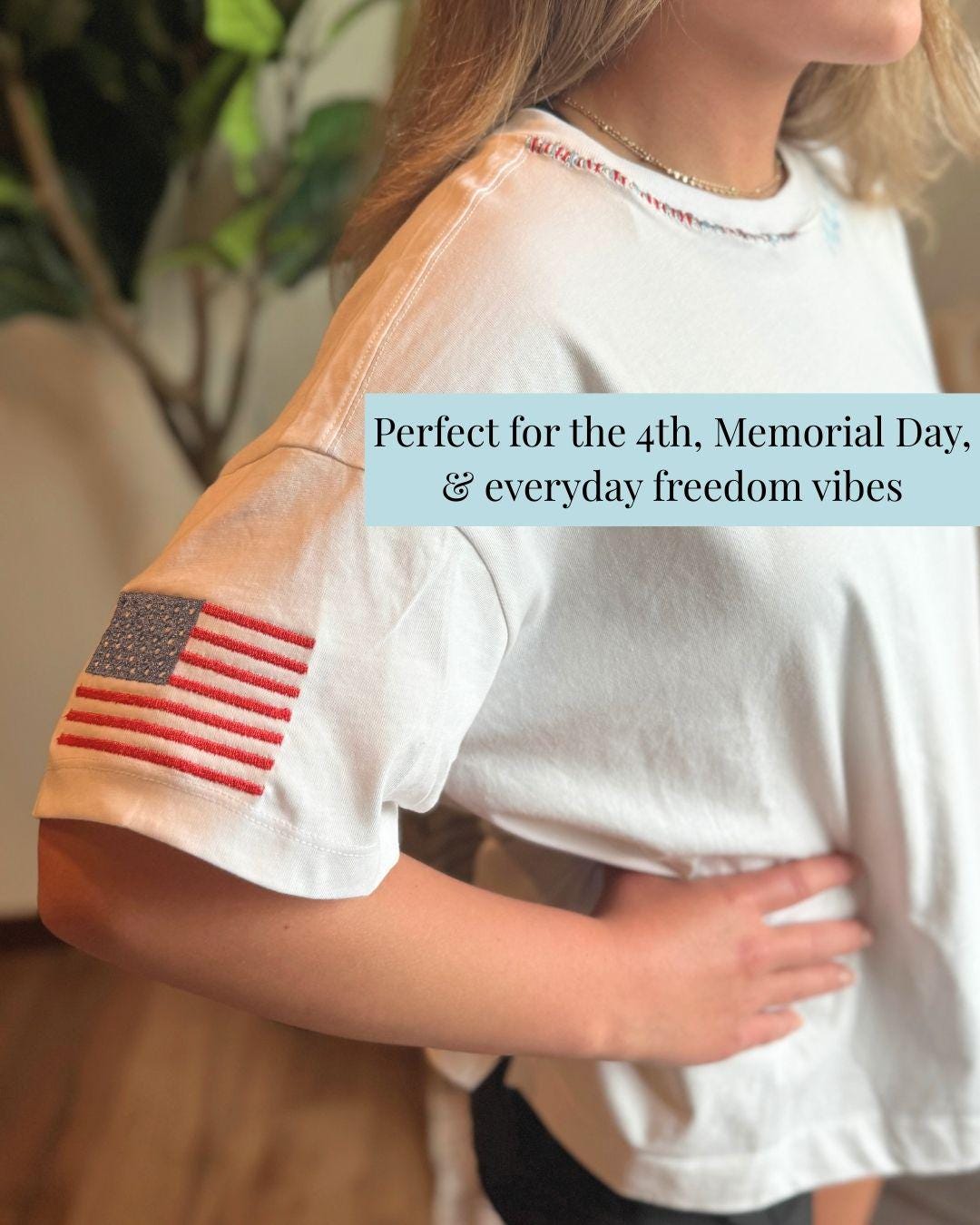 USA Patriotic Embroidered Tee | Merica Neckline | Red, White & Blue Stitching | Memorial Day 4th of July Summer Labor Day | America Shirt