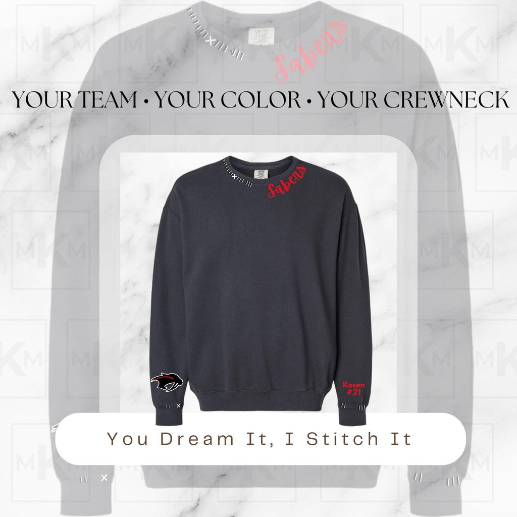 Custom School Spirit Trendy Sweatshirt – Personalized Game Day Crewneck, Distressed Look, Custom Colors, Mascot Text on Collar, Unisex Fit