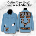 Custom Team Spirit Jean Jacket | Repurposed Jersey Denim | Personalized Patch Jacket | Embroidered Name Mascot Sewn On | Game Day Sports Mom