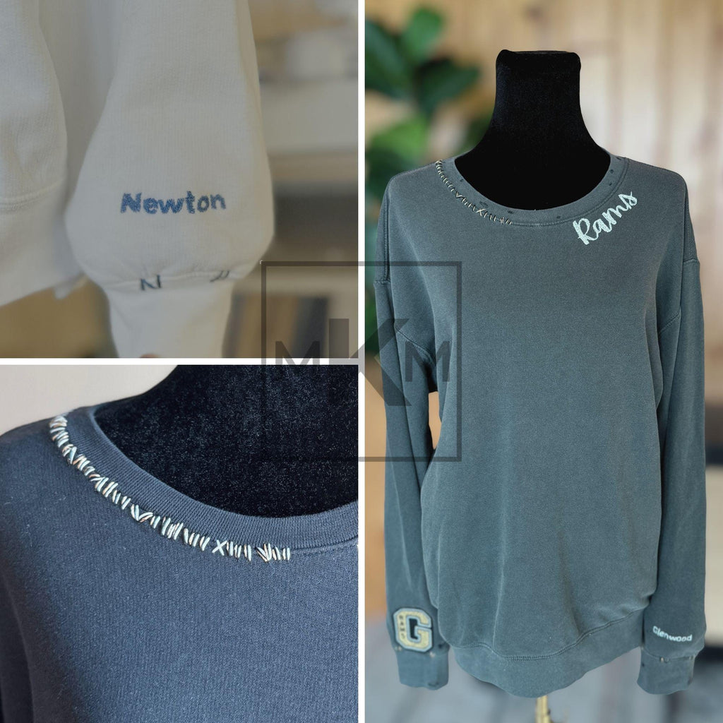 Custom School Spirit Trendy Sweatshirt – Personalized Game Day Crewneck, Distressed Look, Custom Colors, Mascot Text on Collar, Unisex Fit