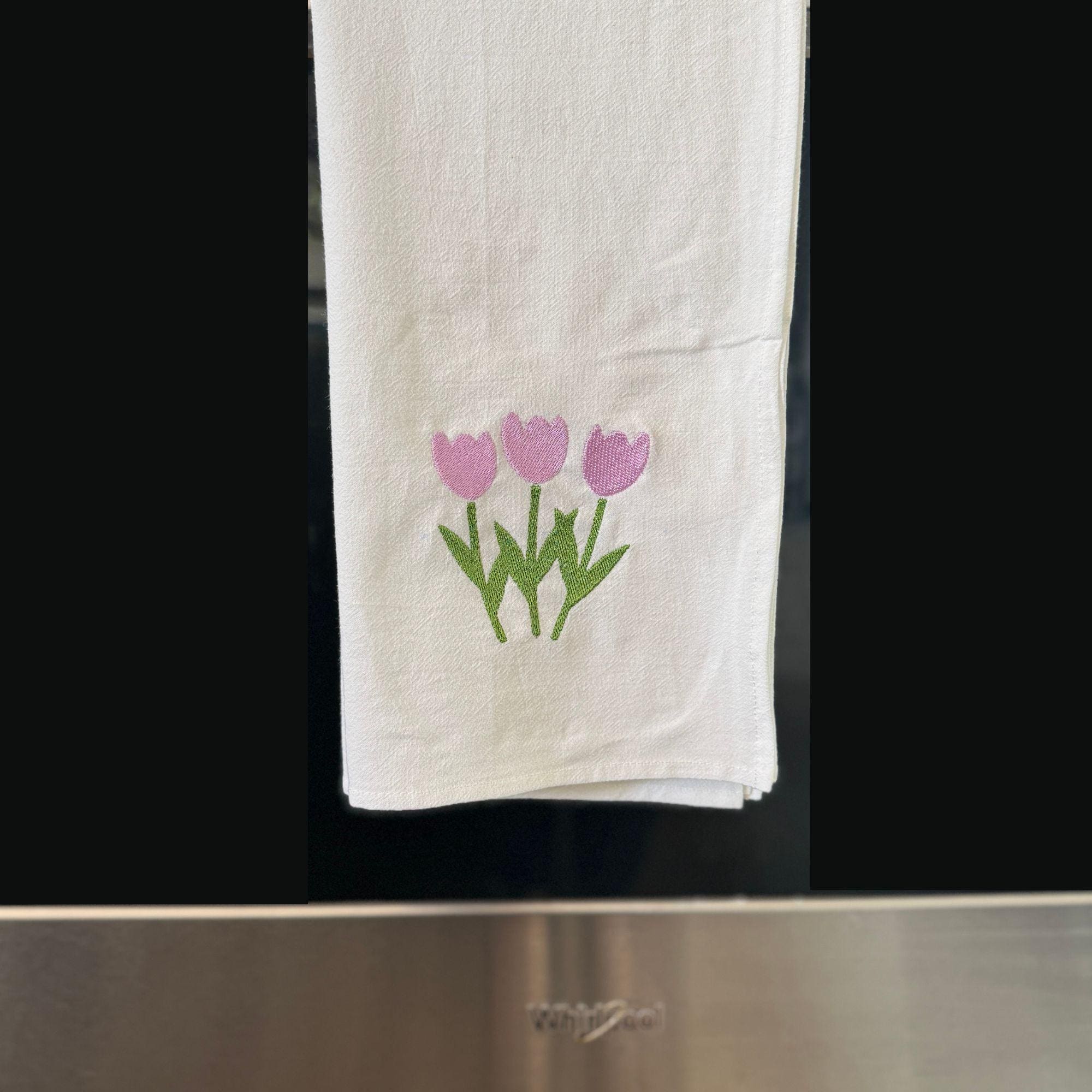 Cute Tulip Flour Sack Towel | Embroidered Kitchen Towel | 30x30 Floral Dish Towel | Spring Decor | Farmhouse Tea Towel | Handmade Gift