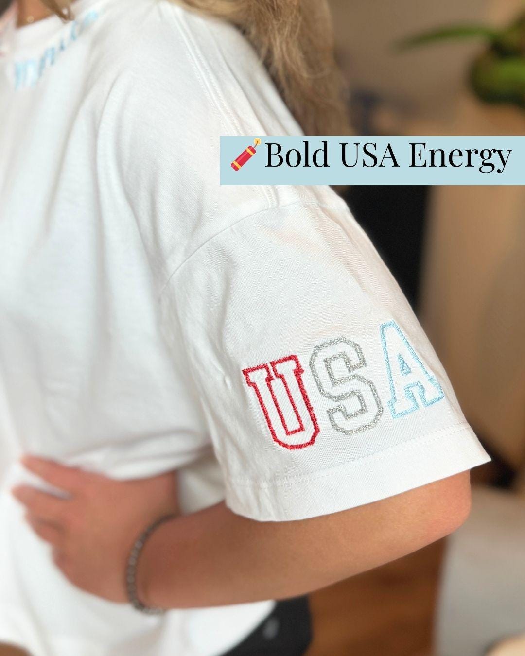 USA Patriotic Embroidered Tee | Merica Neckline | Red, White & Blue Stitching | Memorial Day 4th of July Summer Labor Day | America Shirt