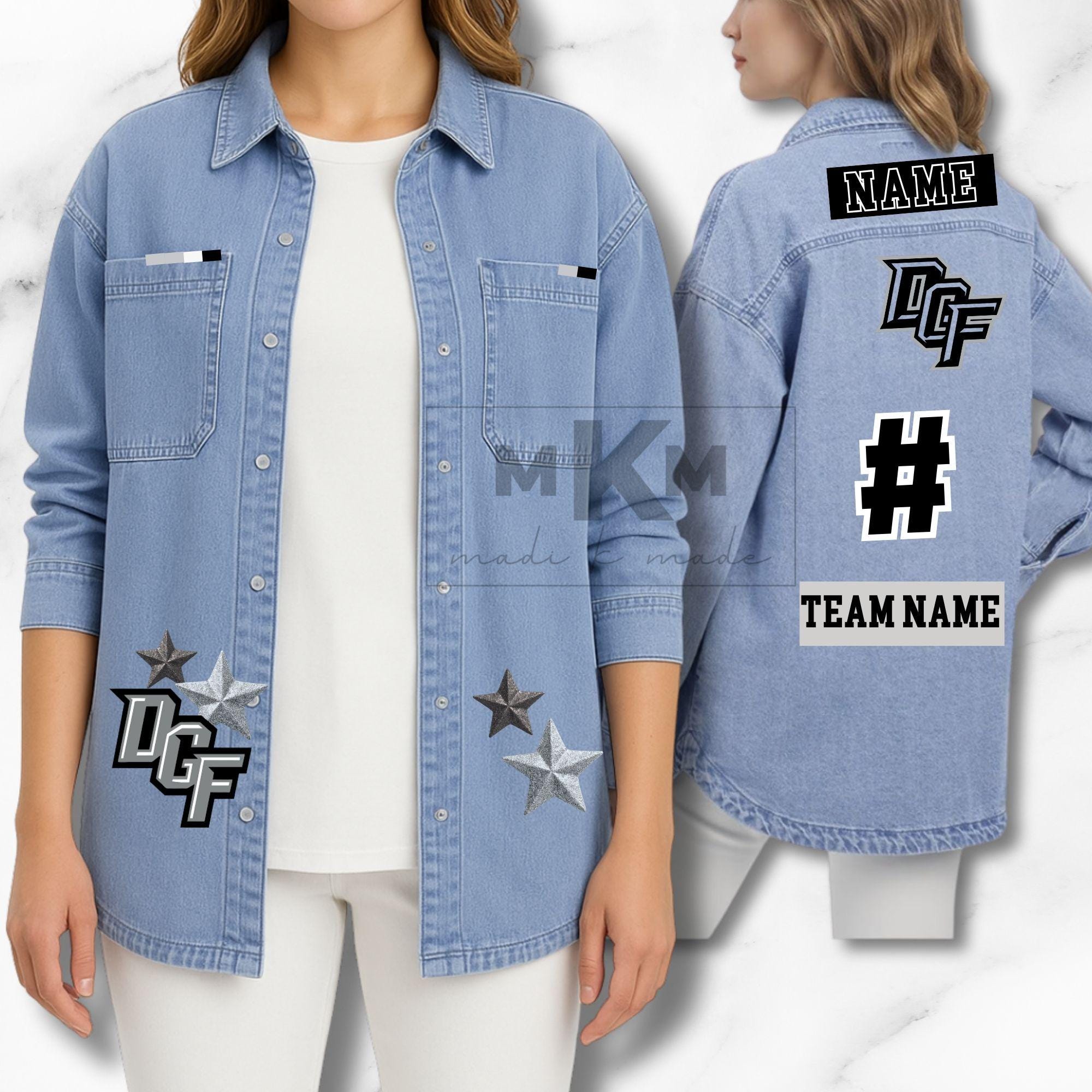 Custom Team Spirit Jean Jacket | Repurposed Jersey Denim | Personalized Patch Jacket | Embroidered Name Mascot Sewn On | Game Day Sports Mom