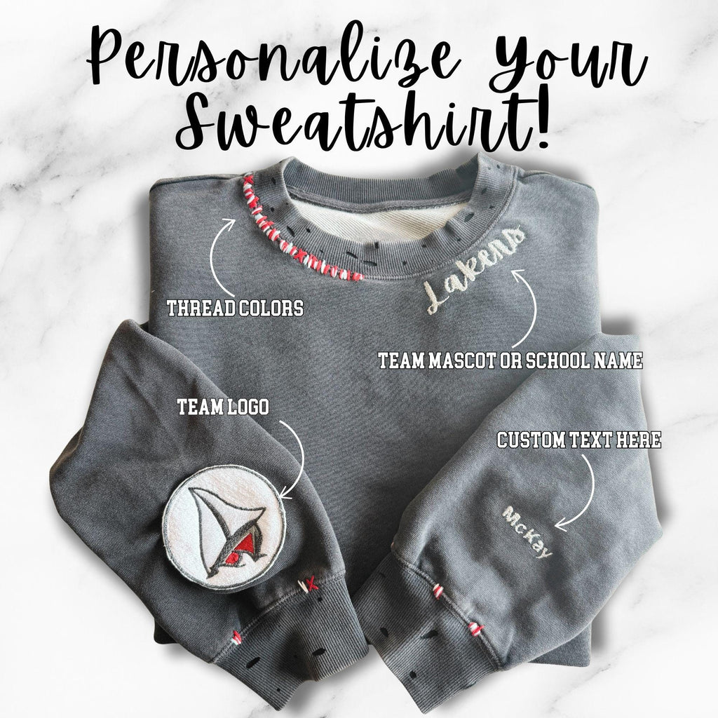 Custom School Spirit Trendy Sweatshirt – Personalized Game Day Crewneck, Distressed Look, Custom Colors, Mascot Text on Collar, Unisex Fit